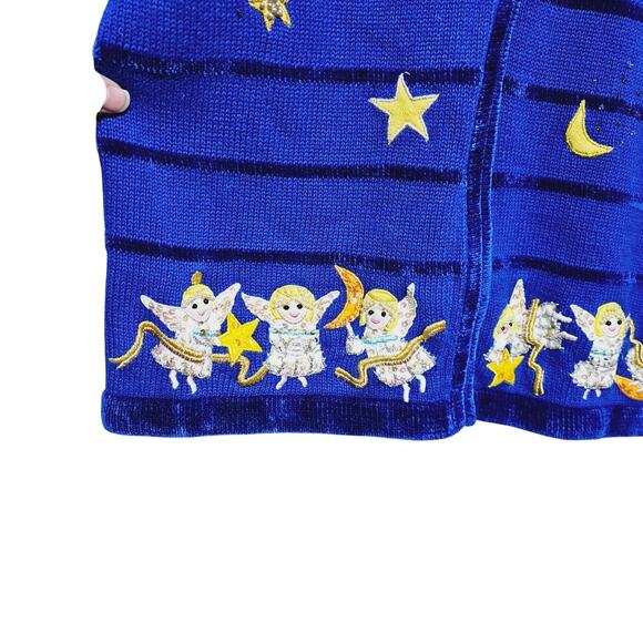 VTG Quacker Factory Christmas Sweater Cardigan Full Zip Blue Angels Stars Moon L - Picture 4 of 8